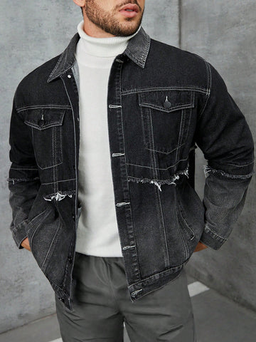 Oversize Men's Frayed Trim Flap Pocket Detail Denim Jacket