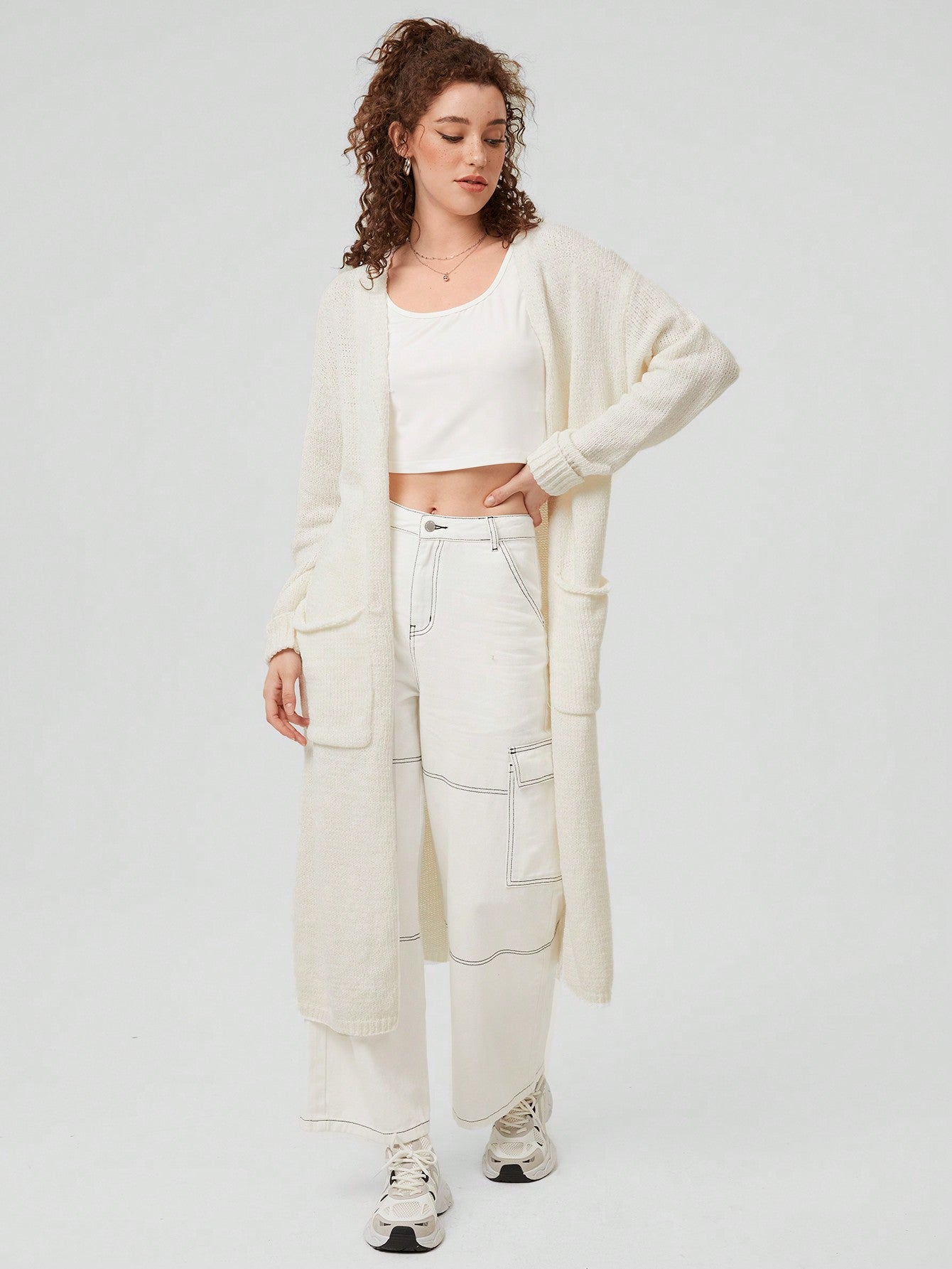 Women's Solid Color Long Cardigan With Double Pockets And Drop Shoulder Design