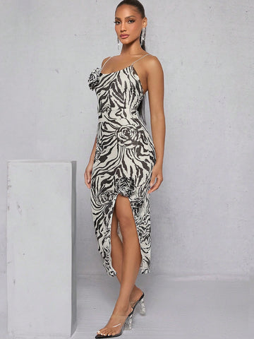 Zebra Print 3D Rosette Split Dress