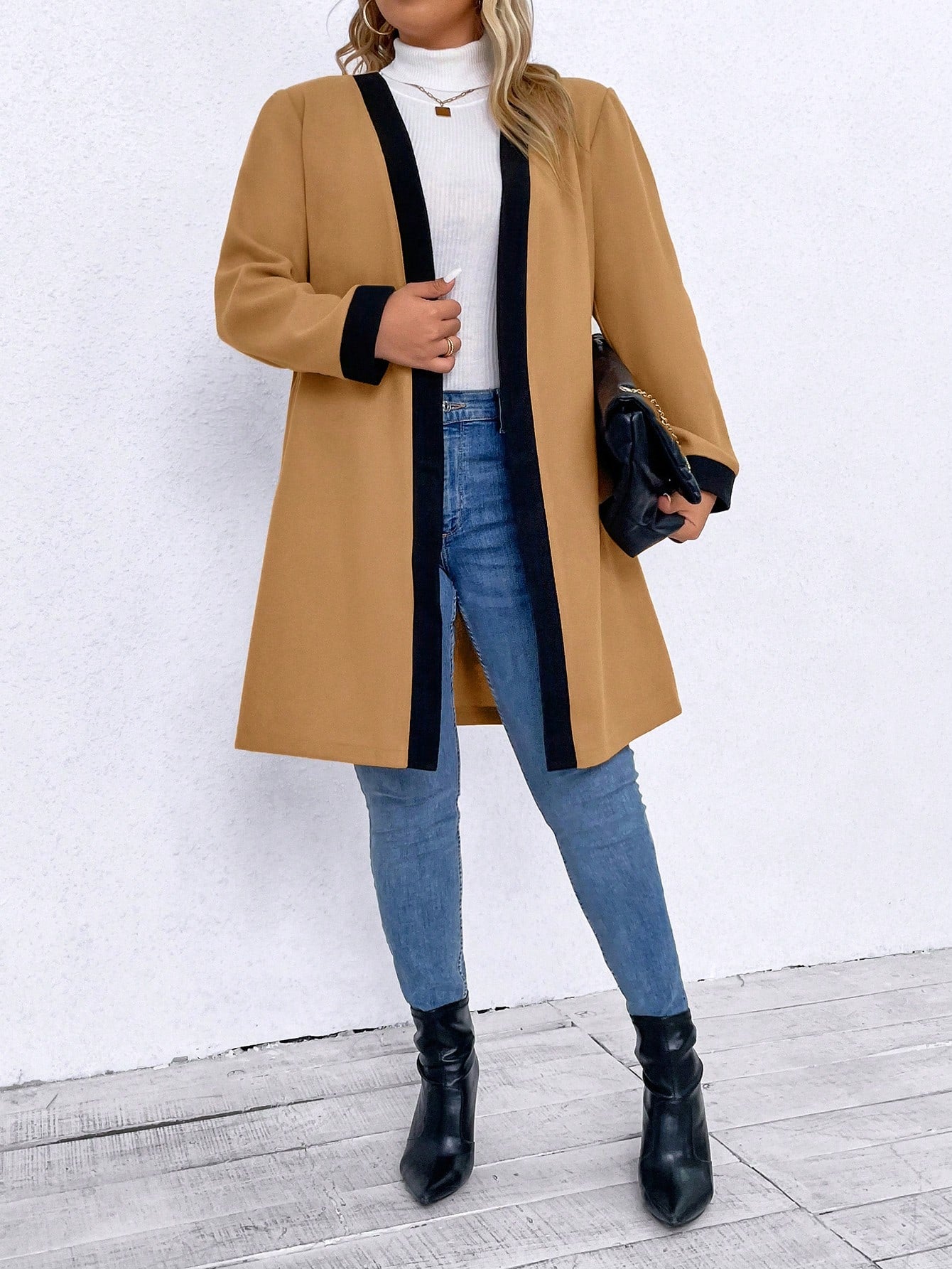 Plus Contrast Trim Belted Overcoat