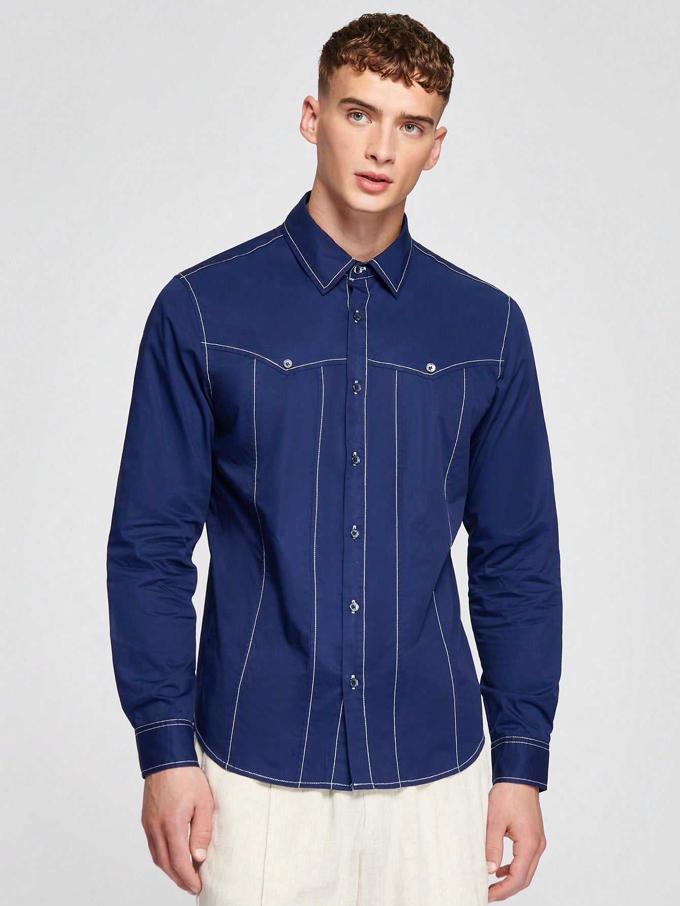 Men Button Front Contrast Piping Shirt