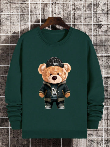 Men's Cartoon Bear Printed Fleece Lined Sweatshirt