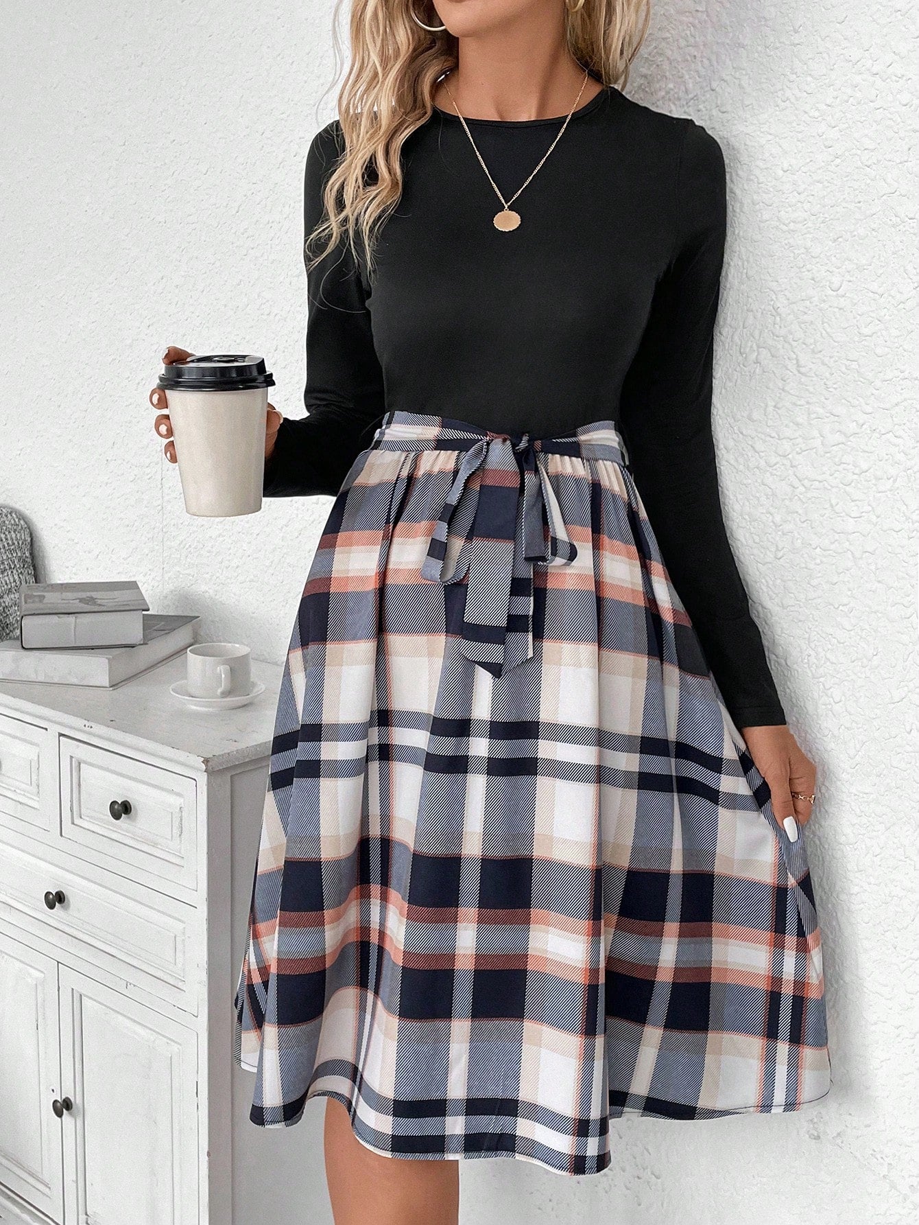 Plaid Print Belted Dress