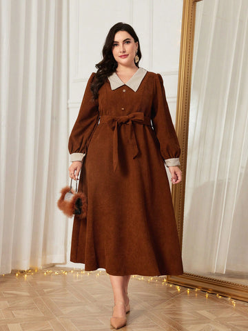 Plus Contrast Collar Belted Corduroy Dress