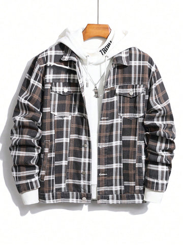 Men Plaid Print Flap Pocket Denim Jacket Without Hoodie