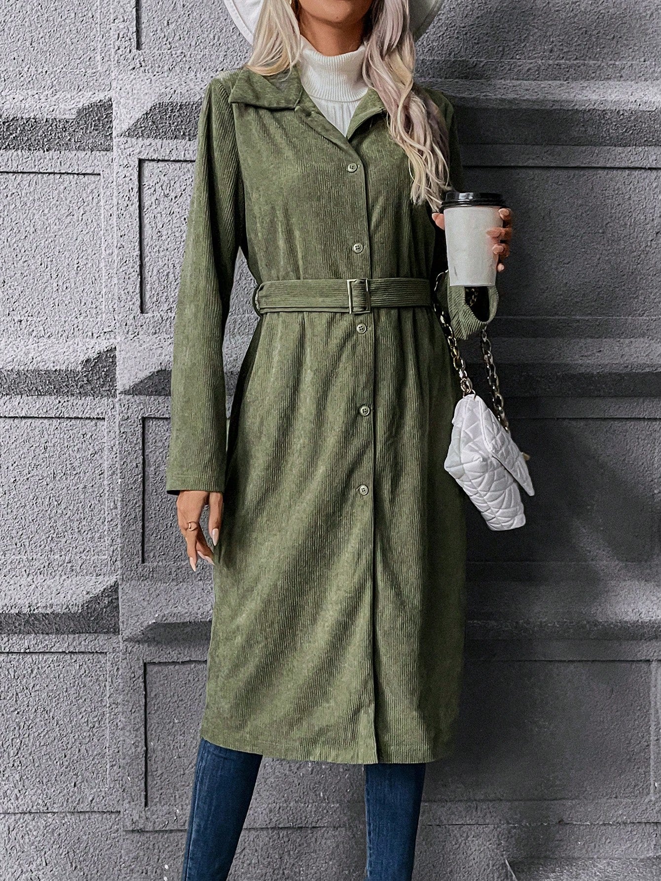 Button Front Belted Corduroy Coat