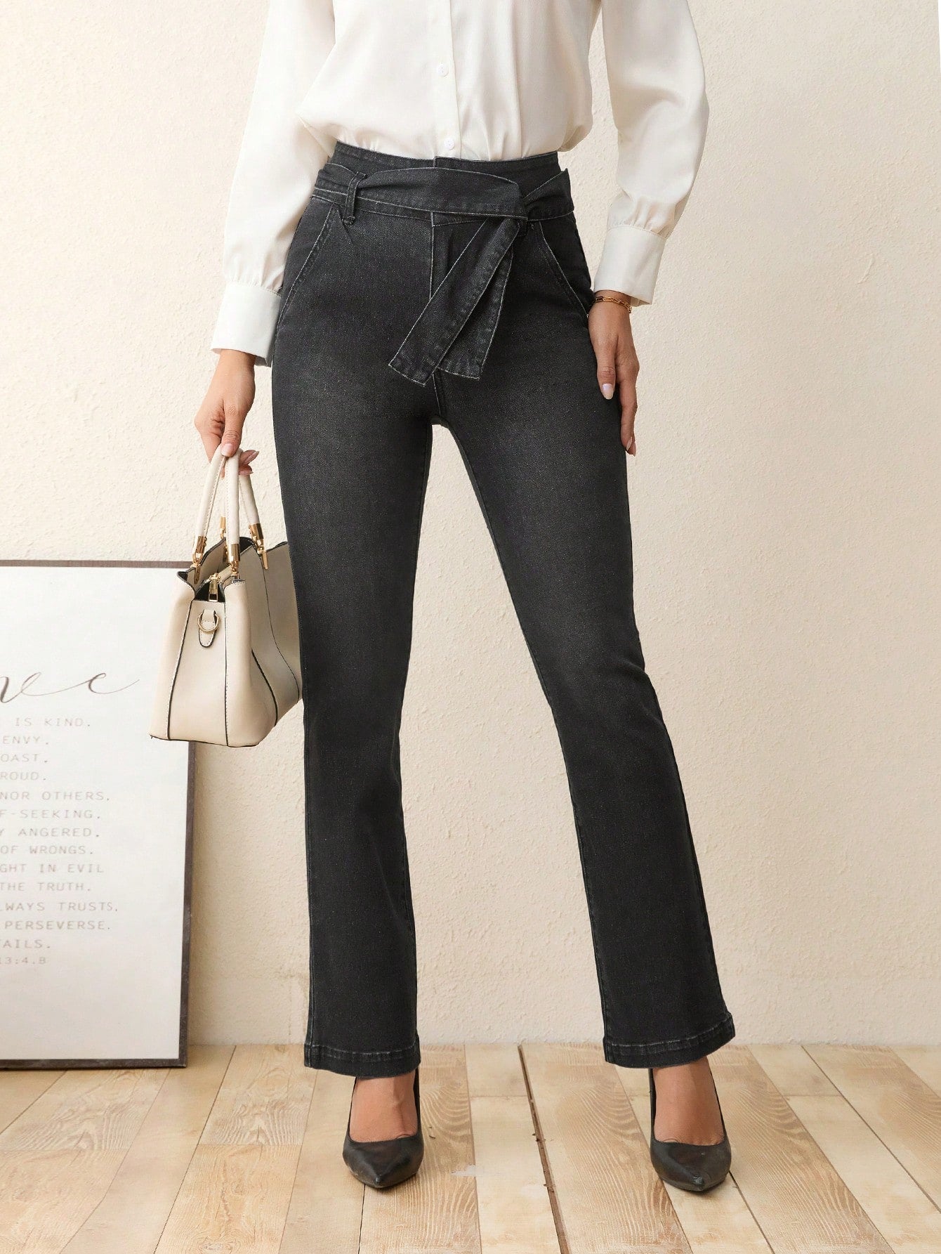 High Waist Belted Flare Leg Jeans