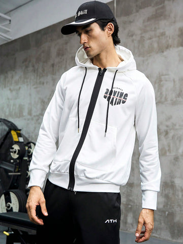 Men's Letter Printed Drawstring Hooded Sports Jacket Workout Tops