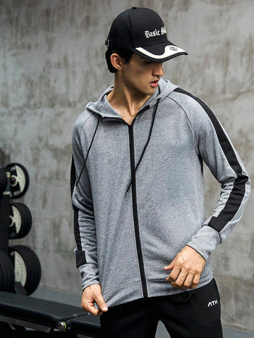 Men Contrast Side Seam Raglan Sleeve Drawstring Hooded Sports Jacket Workout Tops