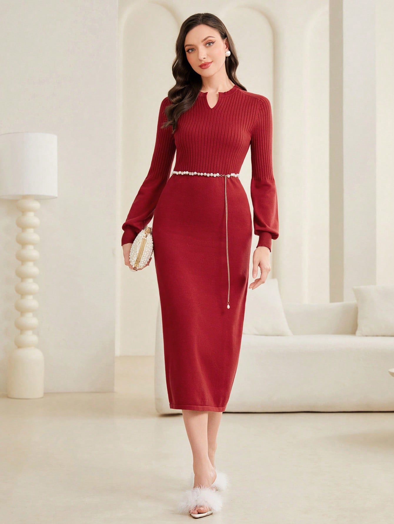 Solid Color Knitted Sweater Dress With Notch Neckline And Ribbed Detailing