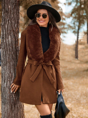 Fuzzy Collar Belted Overcoat