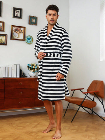 Men's Striped Mandarin Collar Belted Robe