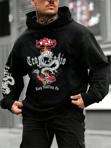 Loose-Fit Men's Dragon & Slogan Printed Drop Shoulder Hoodie