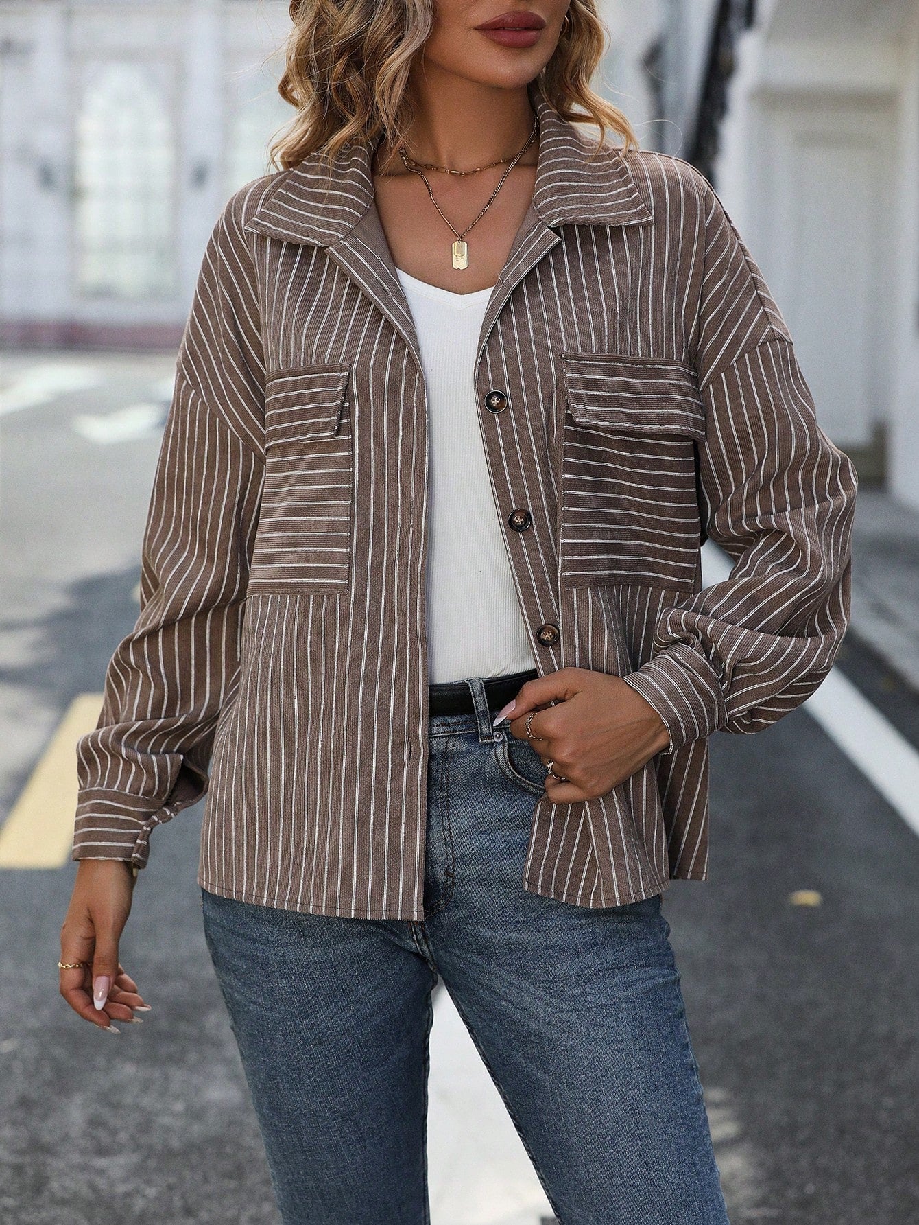 Striped Print Drop Shoulder Flap Pocket Jacket