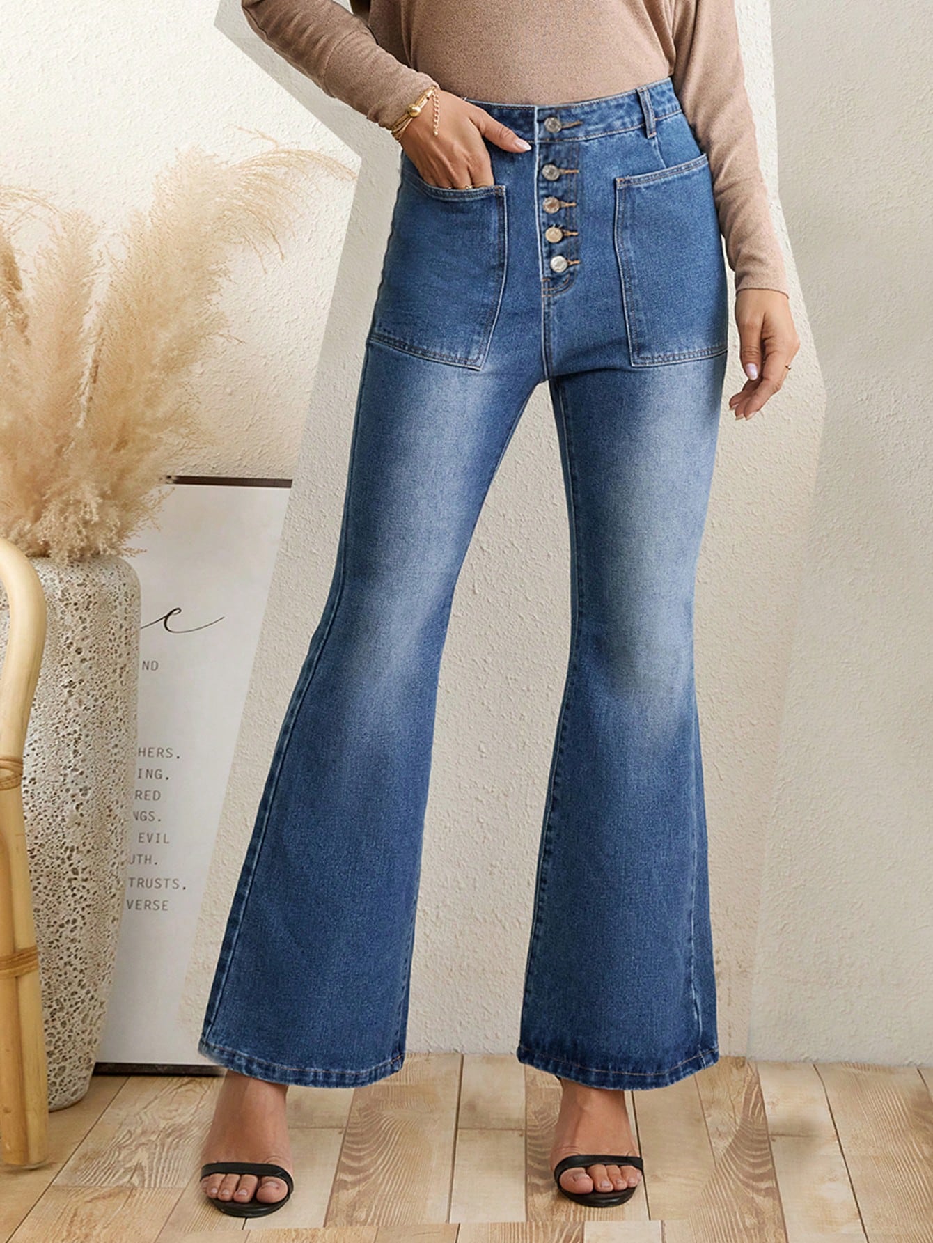 High Waist Button Fly Flare Leg Jeans