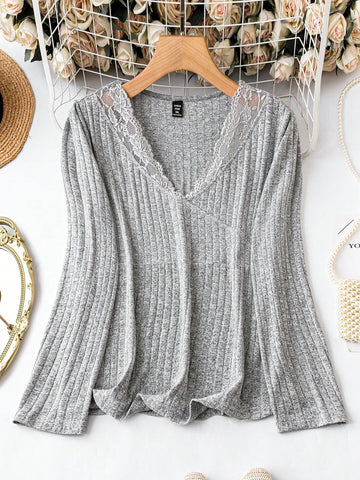 Plus Lace Trim Ribbed Knit Tee