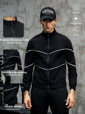 Men Contrast Piping Zip Up Sports Jacket Workout Tops