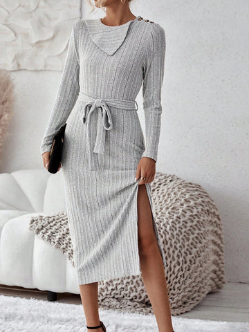 Asymmetrical Neck Split Thigh Belted Dress