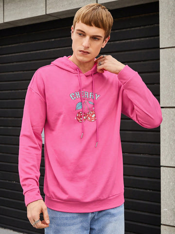 Loose Fit Men's Cherry & Letter Graphic Drop Shoulder Hoodie With Drawstring