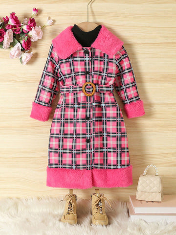 Young Girl Borg Collar Belted Plaid Overcoat Without Sweater