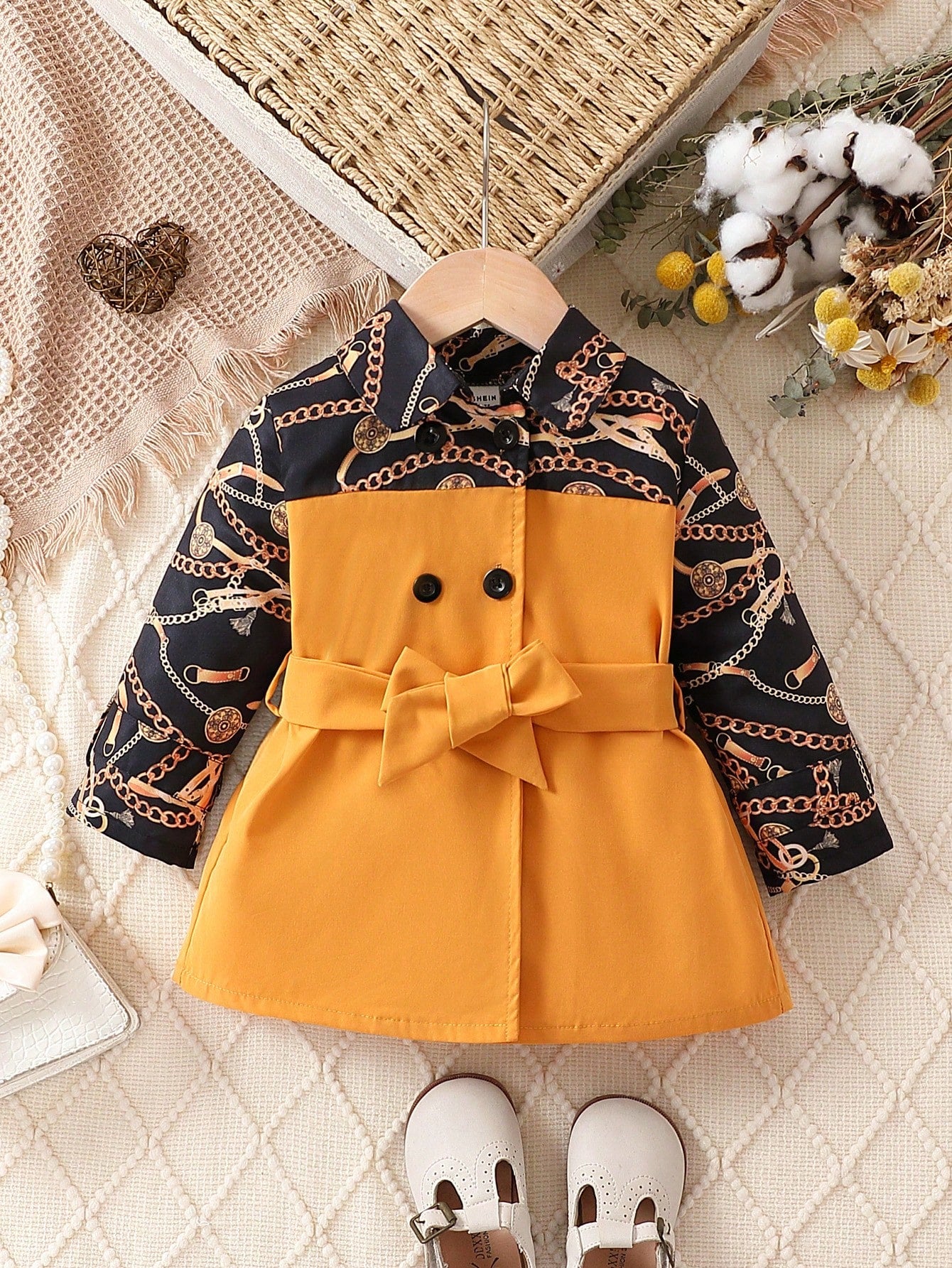 Baby Girl Chain Print Double Breasted Belted Trench Coat