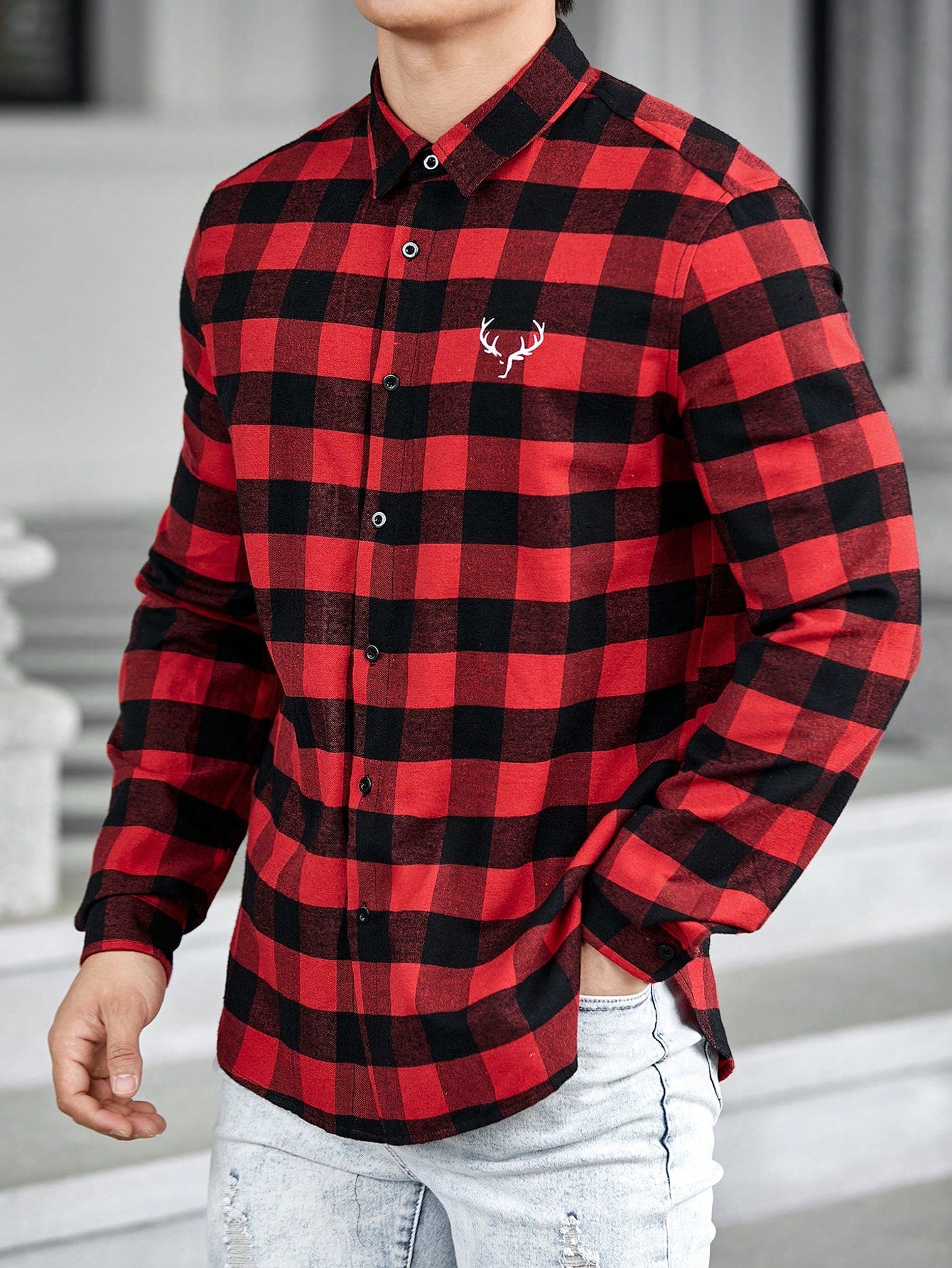 Loose Fit Men's Antler Graphic Buffalo Plaid Printed Shirt