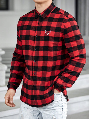 Loose Fit Men's Antler Graphic Buffalo Plaid Printed Shirt