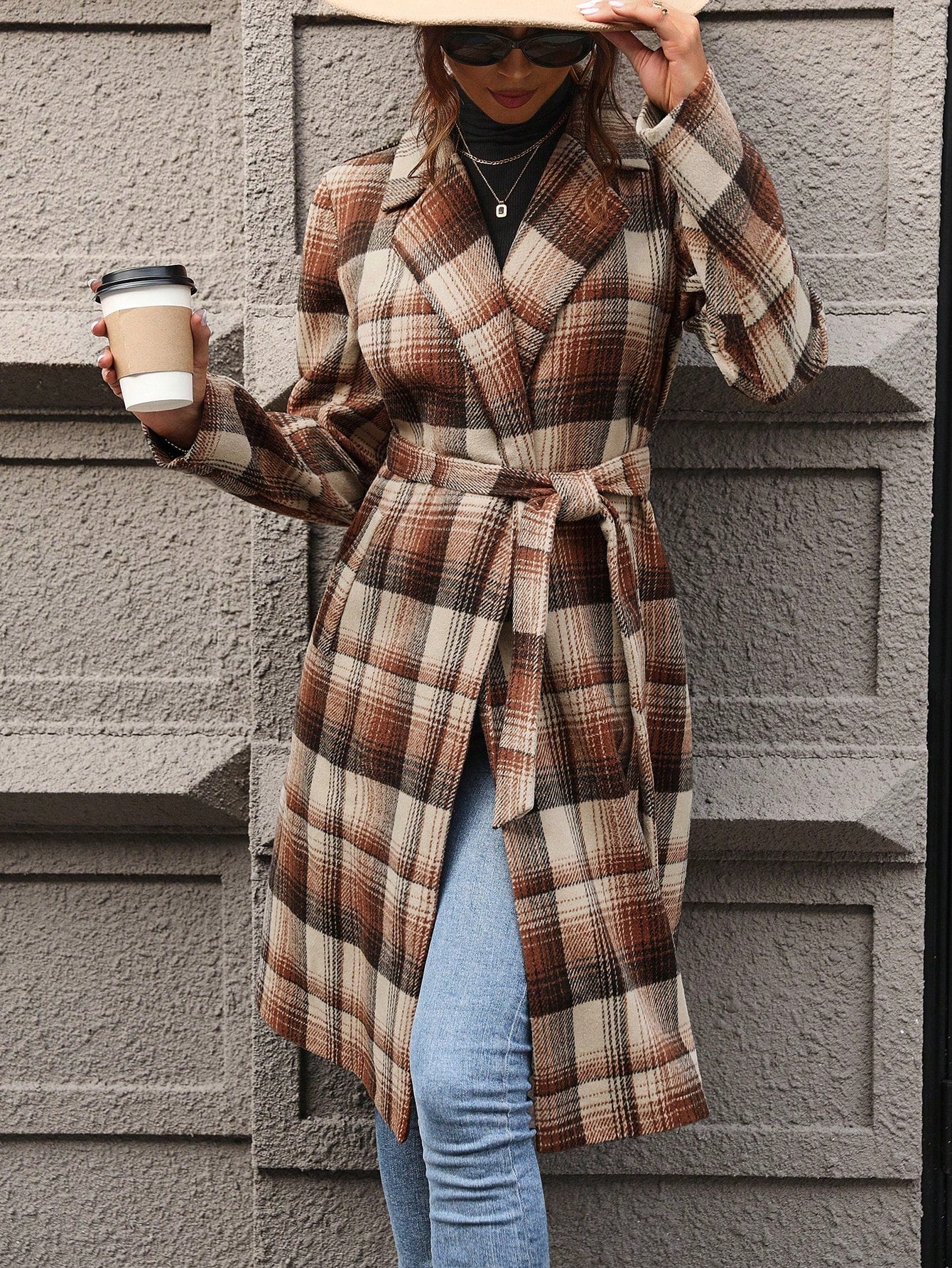 Plaid Print Lapel Neck Belted Overcoat