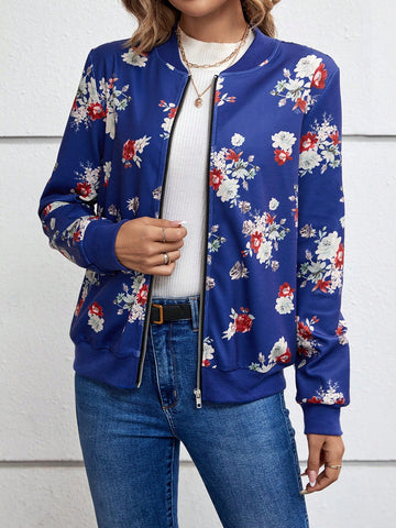 Floral Print Zip Up Bomber Jacket