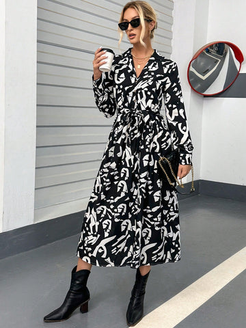 Allover Print Belted Shirt Dress