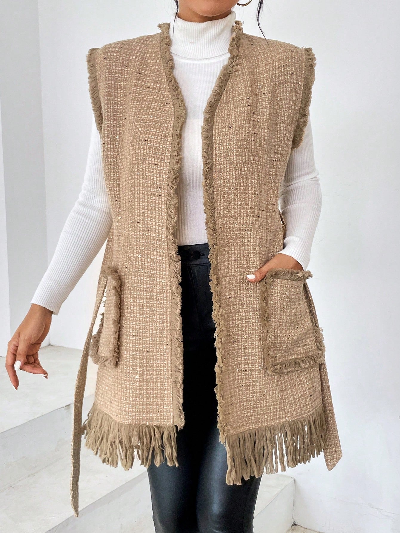 Dual Pocket Fringe Trim Belted Vest Overcoat