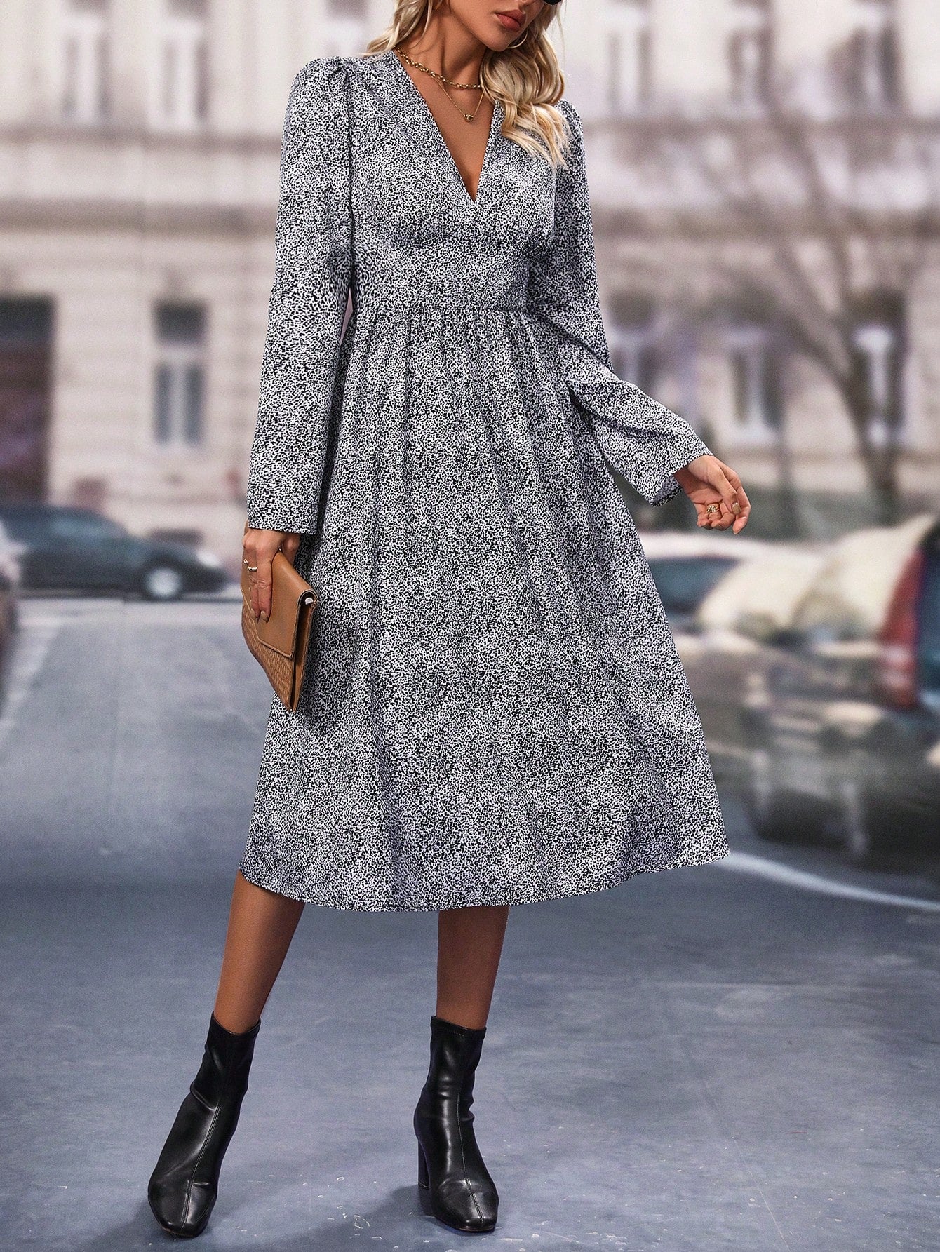 Allover Print Puff Sleeve A Line Dress