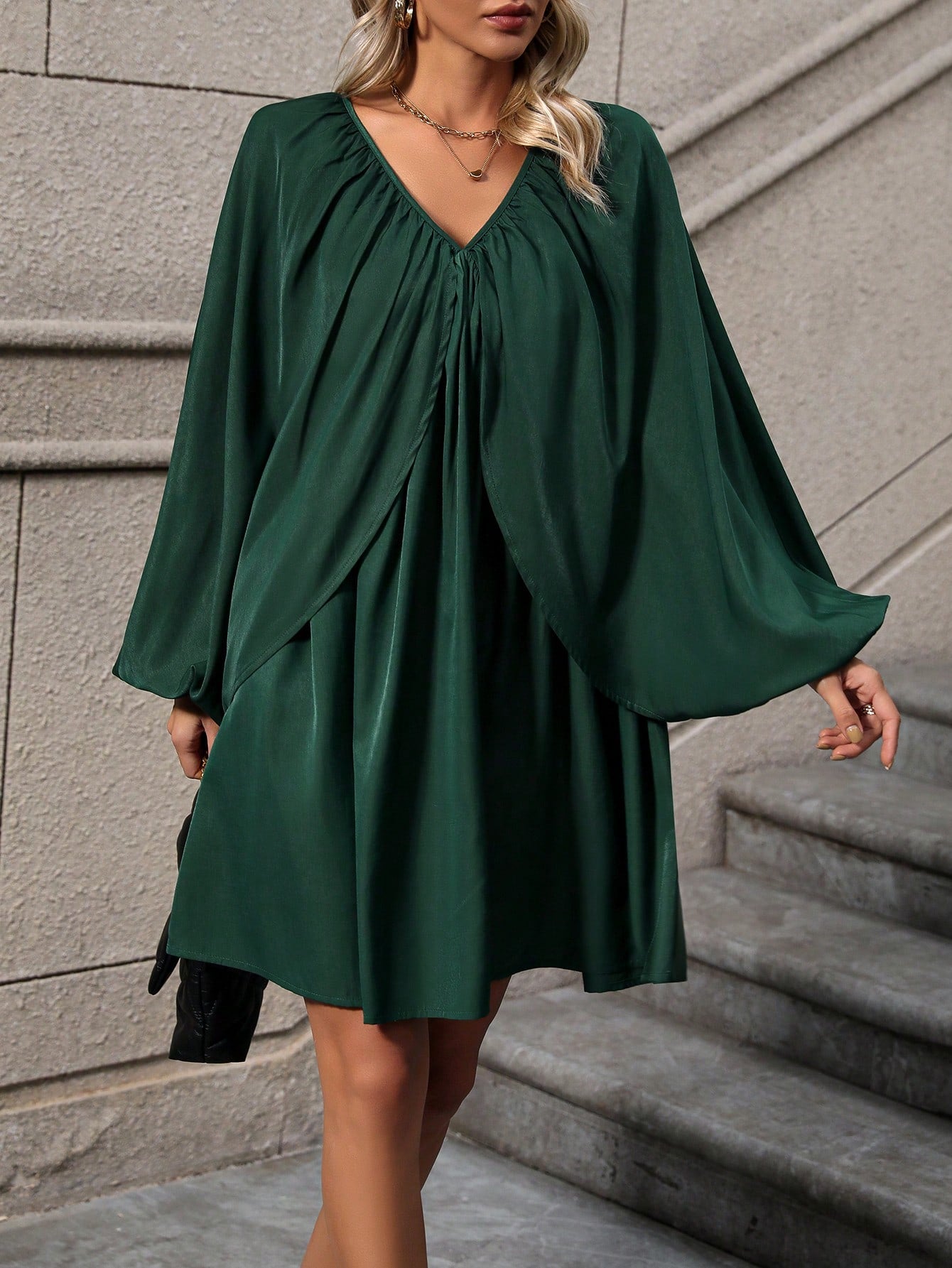 Solid Lantern Sleeve Tie Back Dress