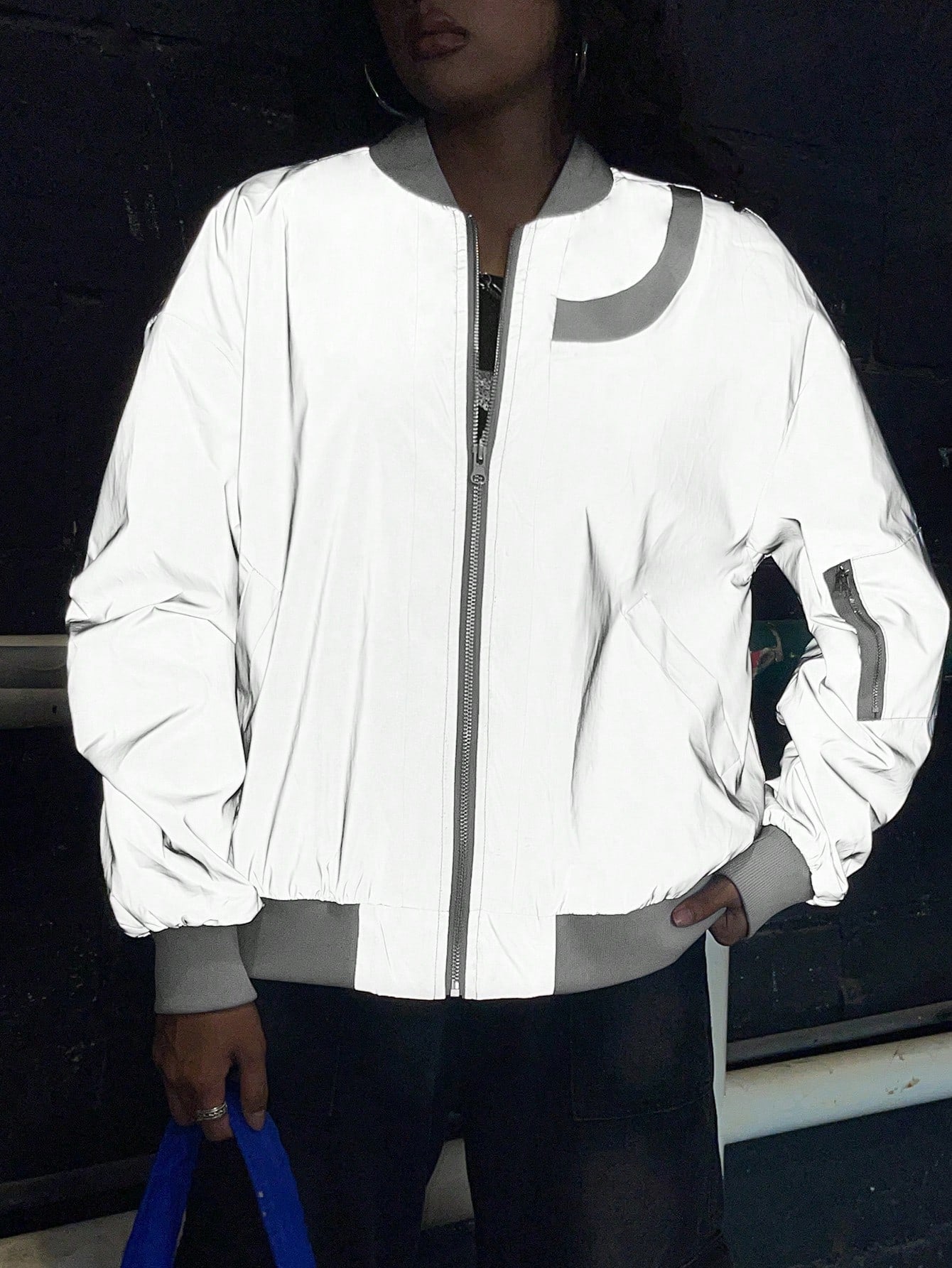 Reflective Contrast Trim Zip Up Bomber Jacket