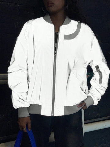 Reflective Contrast Trim Zip Up Bomber Jacket