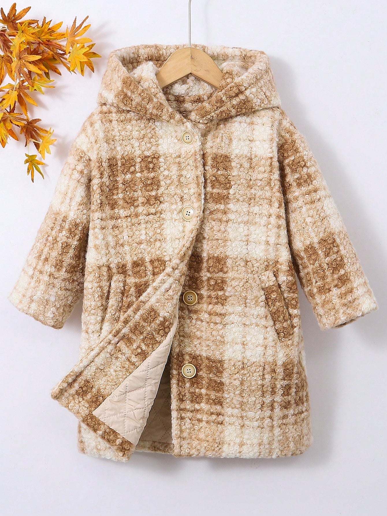 Young Girl Plaid Print Slant Pocket Hooded Tweed Overcoat