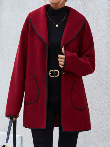 Contrast Binding Shawl Collar Drop Shoulder Dual Pocket Overcoat