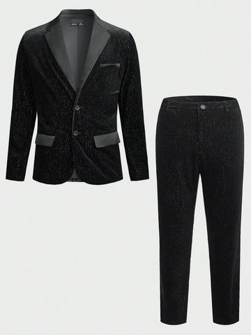 Men Lapel Collar Velvet Blazer & Pants Set