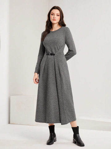 Solid Fold Pleated Detail Belted Sweater Dress