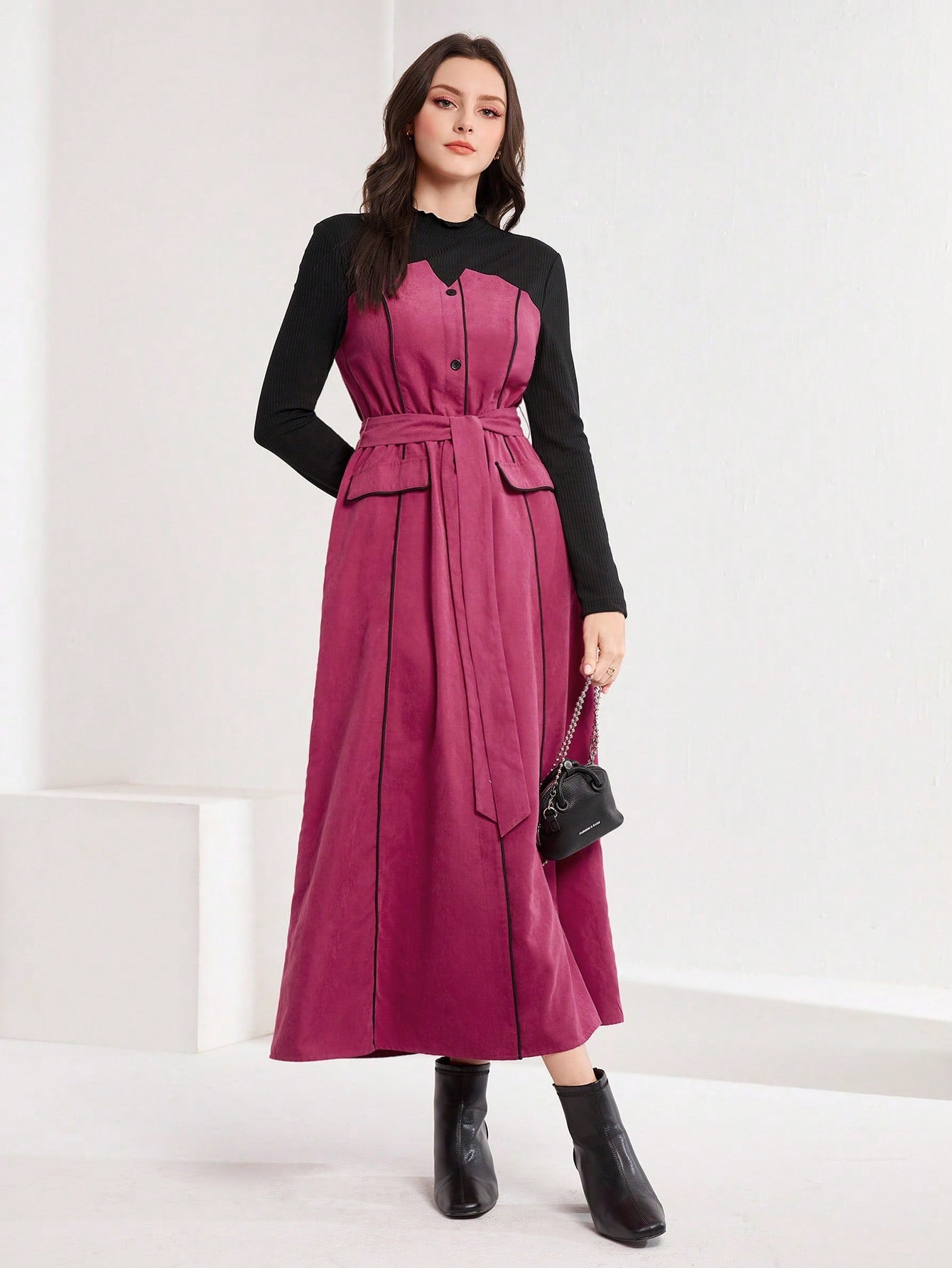 Two Tone Flap Detail Button Front Belted Dress