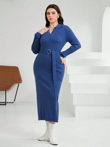 Plus Solid Belted Sweater Dress