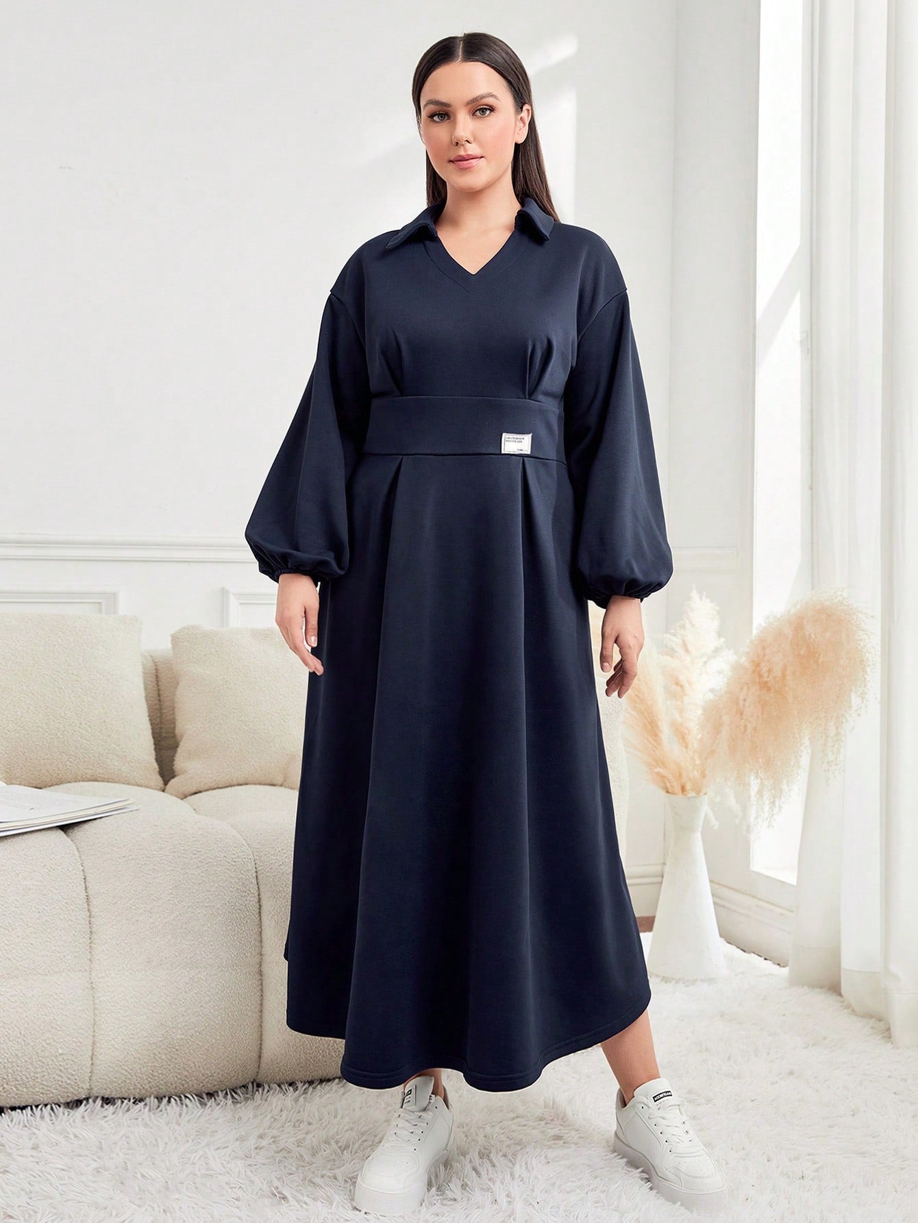 Plus Size Women's Lantern Sleeve Turn-down Collar Dress