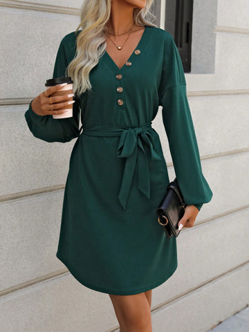 Button Detail Drop Shoulder Belted Dress