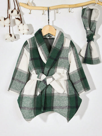 Baby Girl Plaid Print Hanky Hem Belted Asymmetrical Hem Coat & Scarf