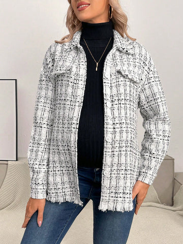 Maternity Plaid Pattern Raw Hem Drop Shoulder Tweed Coat