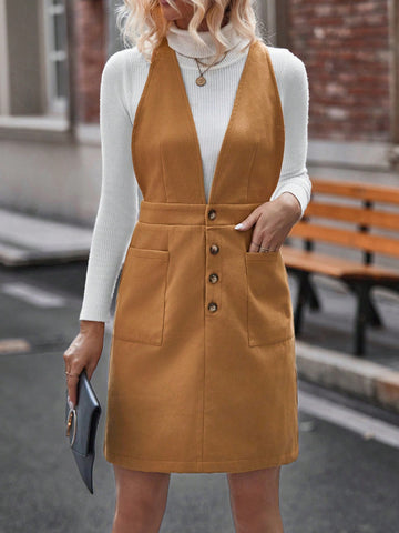 Button Front Overall Dress Without Sweater