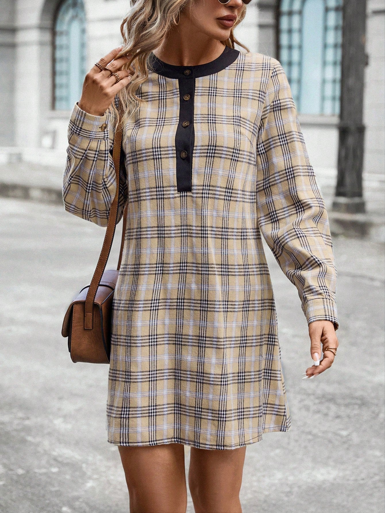 Plaid Print Half Button Tunic Dress