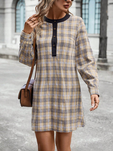 Plaid Print Half Button Tunic Dress