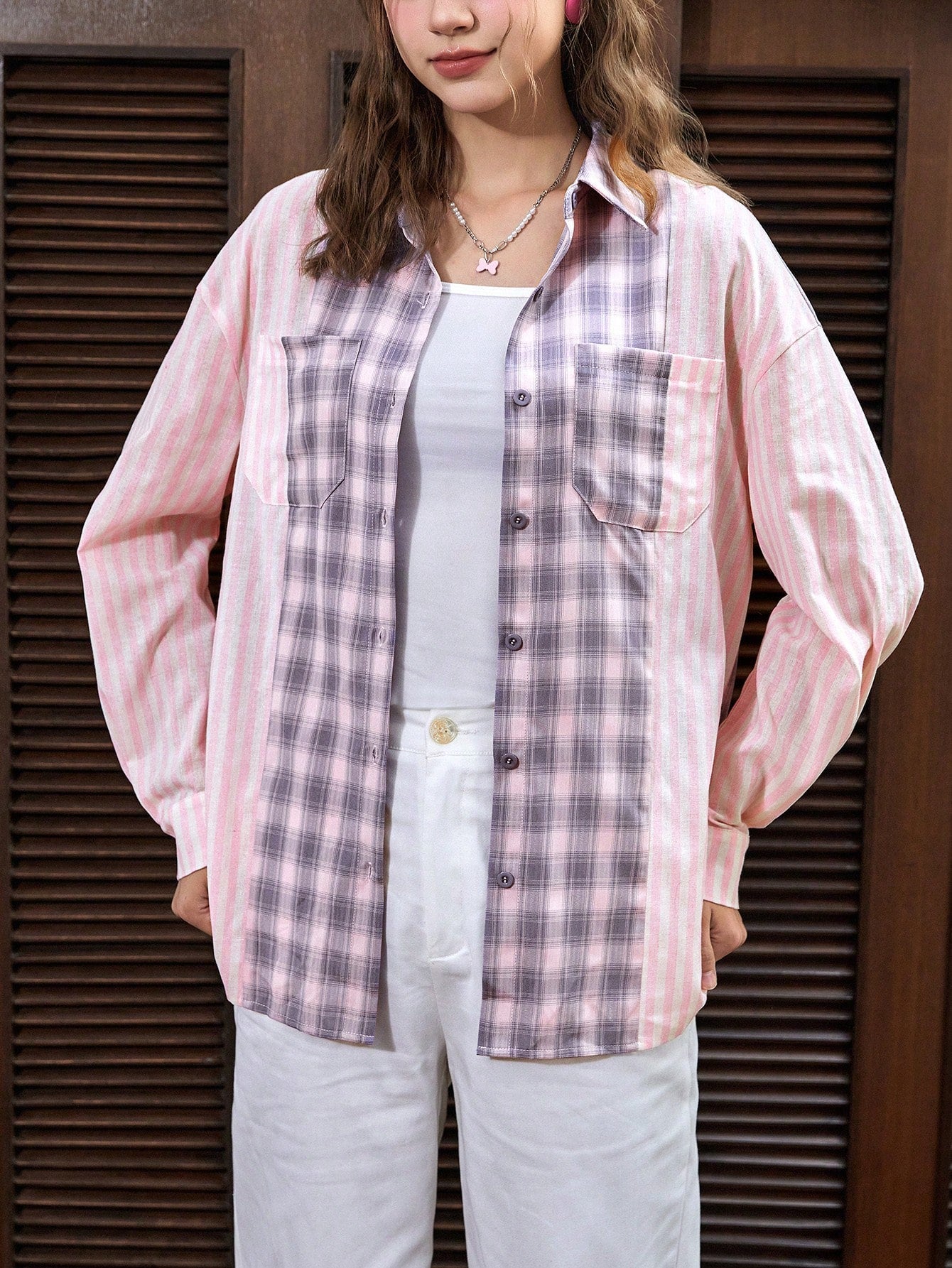 Pink Gingham Striped Shirt