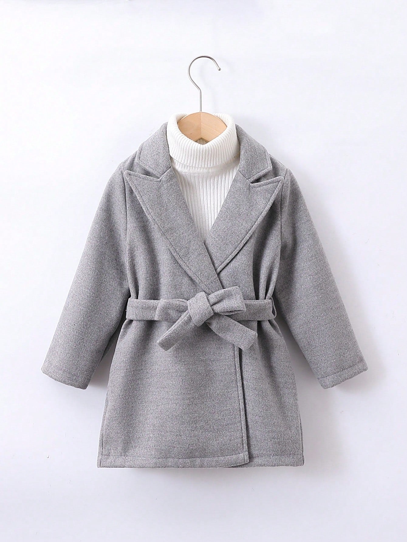 Young Boy 1pc Lapel Neck Self Belted Overcoat